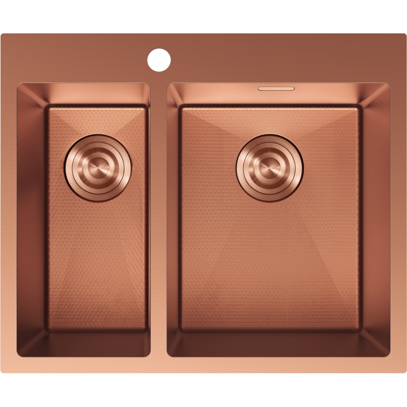 Stålvask Mexen Flexo 1,5 kum i børstet kobber, sett ovenfra med runde avløp.