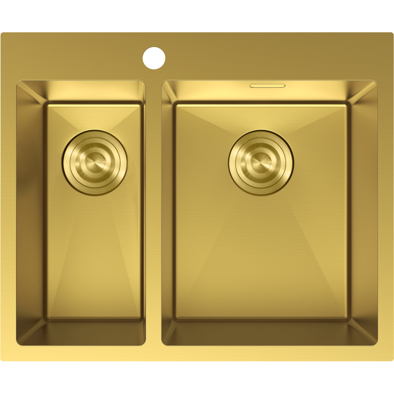 Stålvask Mexen Flexo 1,5 kum i børstet gull, sett ovenfra med runde avløp og skarpe kanter.