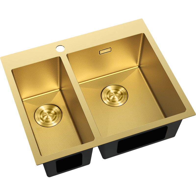 Kjøkkenvask Rustfritt Stål Mexen Flexo gull 1,5 kum sett skrått ovenfra med avrundede hjørner.
