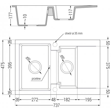 Gaspar Kjøkkenvask 1 1/2 Kum Med Avrenning 737 x 475 mm, Svart/Grå, Vannlås Svart - 6507731505-76-B