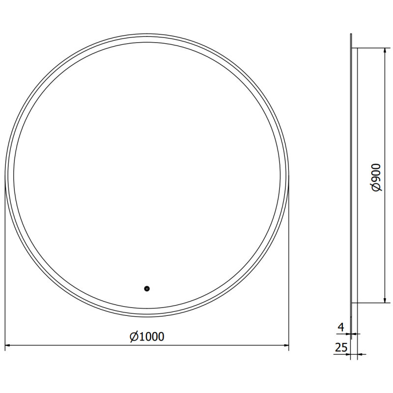 Speil med lys teknisk tegning av rundt LED-speil Mexen Gobi, diameter 100 cm, med målmarkeringer.