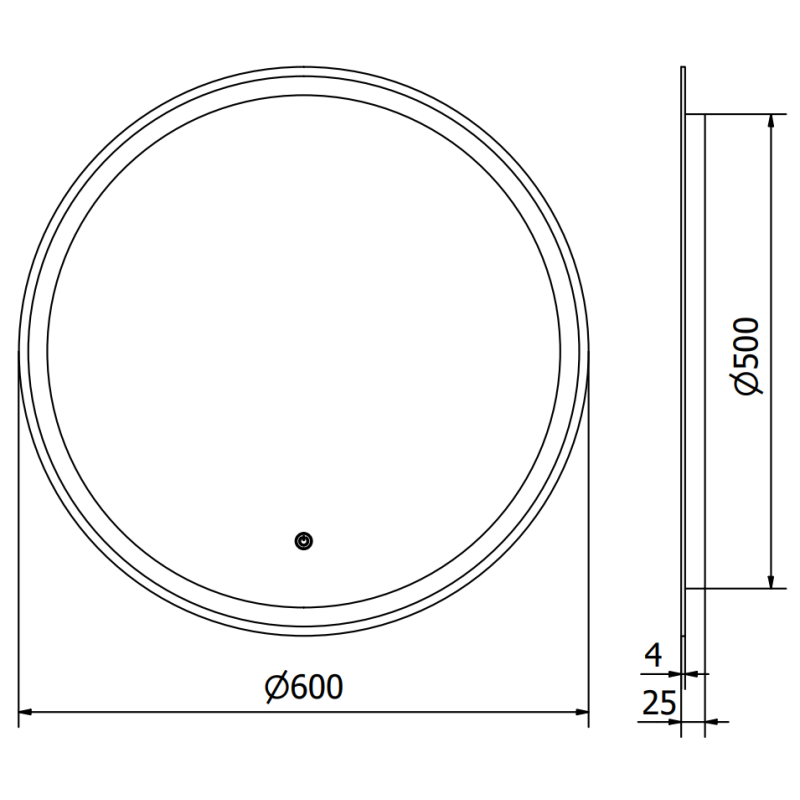 Speil med lys teknisk tegning av rundt speil Mexen Gobi 60 cm med mål og dimensjoner vist.