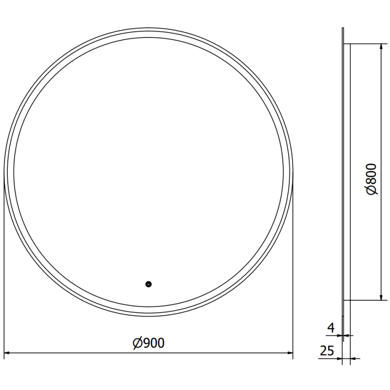 Speil med lys teknisk tegning av rundt LED-speil Mexen Gobi 90 cm med mål og dimensjoner vist.