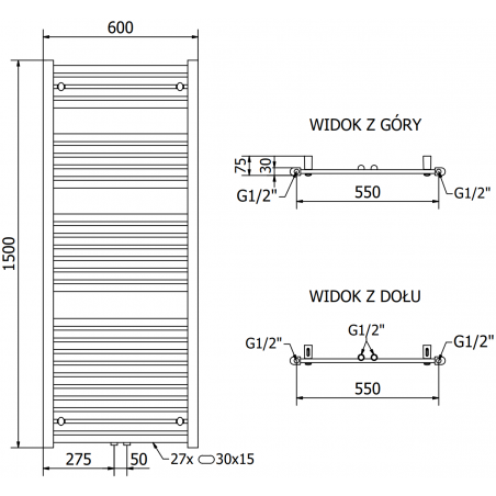 Håndkletørker Hades 1500 x 600 mm, 900 W, Sort