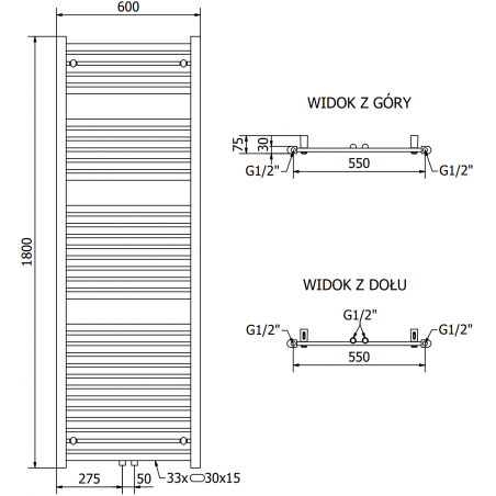 Håndkletørker Hades 1800 x 600 mm, 900 W, Sort