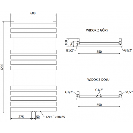 Håndkletørker Jowisz 1200 x 600 mm, 600 W, Sort