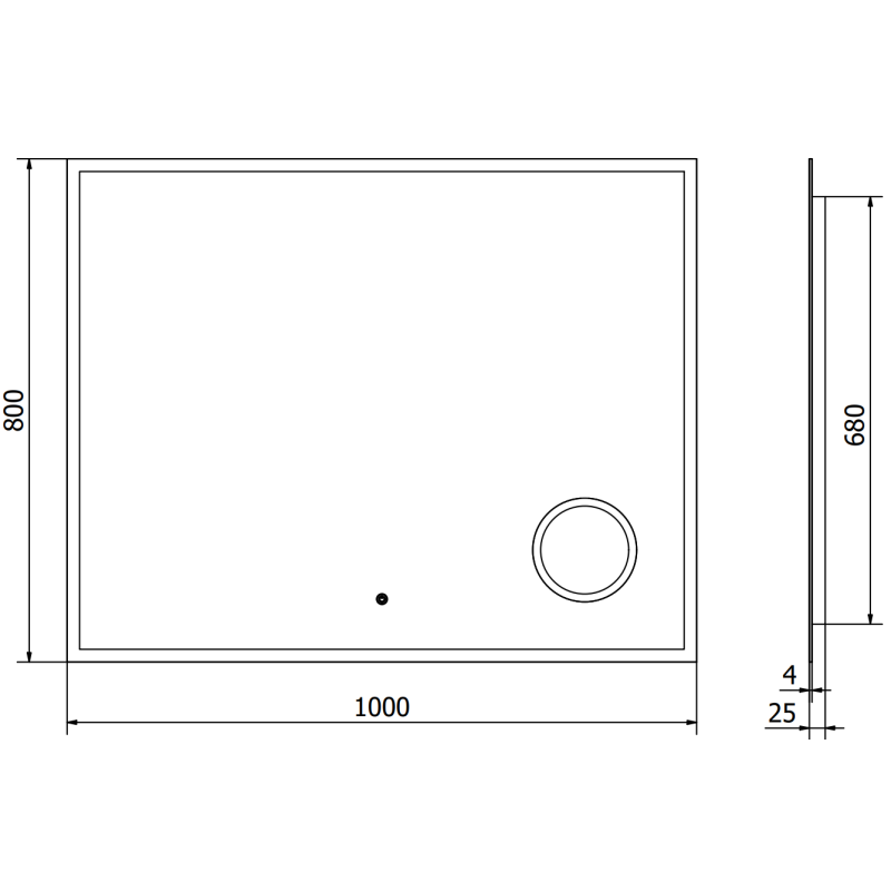 Speil med lys teknisk tegning av rektangulært speil 100 x 80 cm med mål og høydeprofil vist.