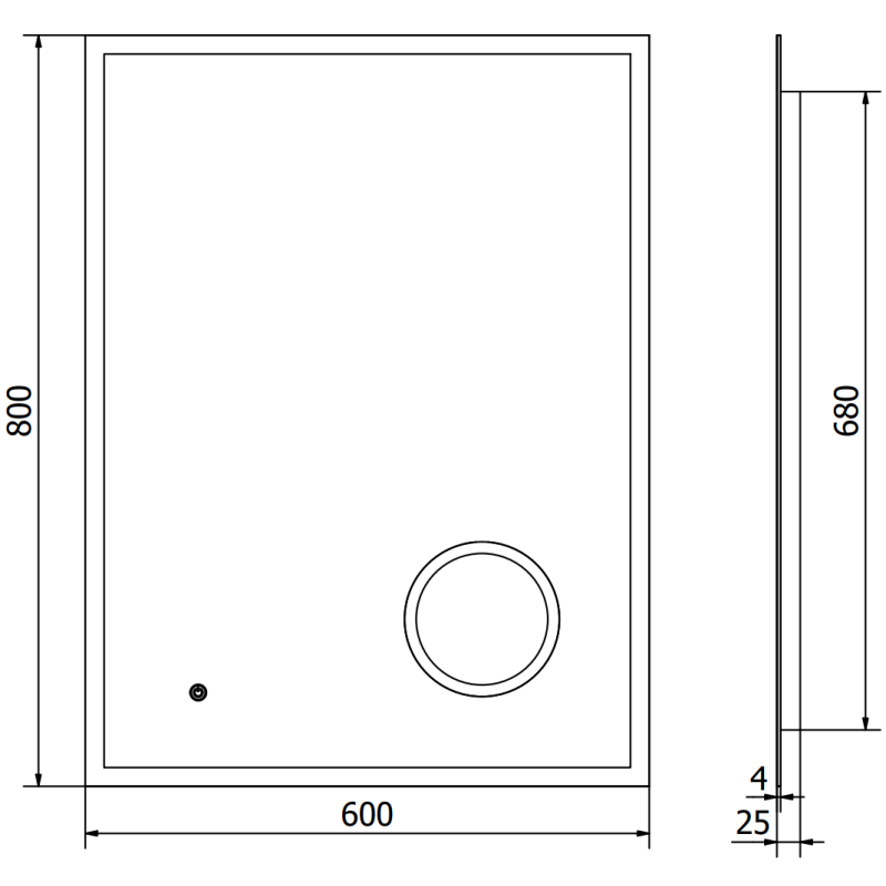 Speil med lys teknisk tegning av rektangulært LED-speil 60x80 cm med mål og lav høydeprofil.