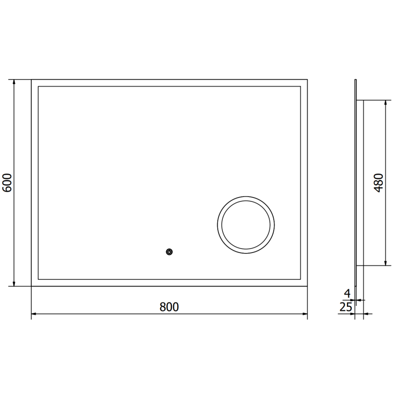 Speil med lys teknisk tegning av Mexen Kala 80 x 60 cm med mål, tykkelse og plassering av uttak.