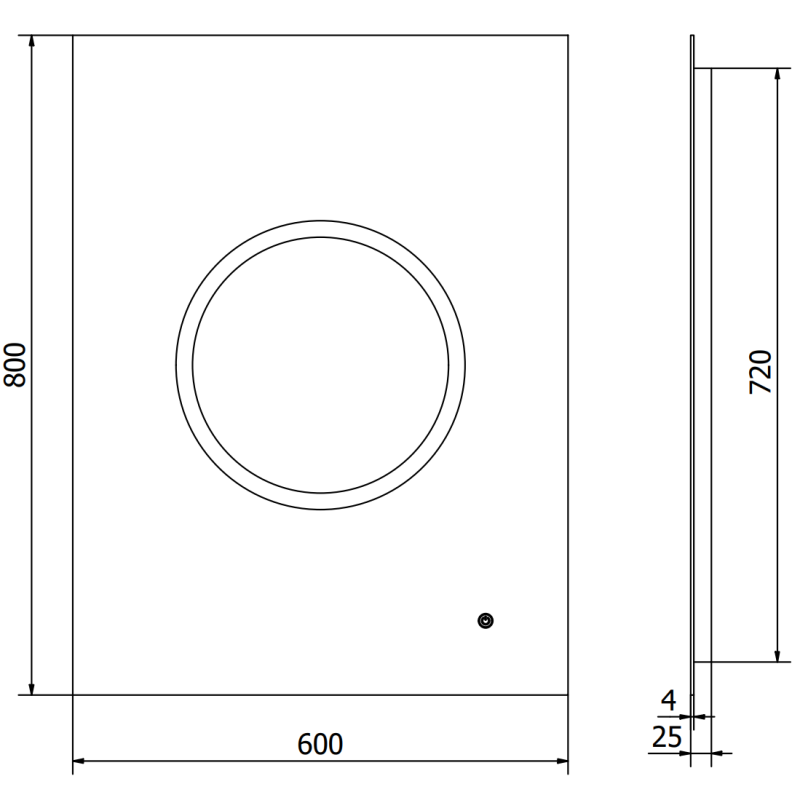 Speil med lys teknisk strekillustrasjon av rektangulært LED-speil 60x80 cm med mål og sideprofil.