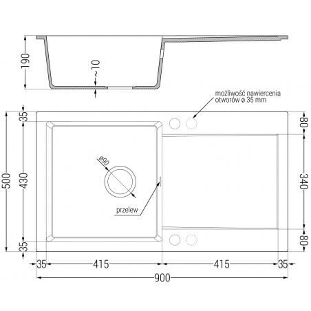 Leo Kjøkkenvask 1 Kum Med Avrenning 900 x 500 mm, Hvit, Vannlås Krom - 6501901010-20