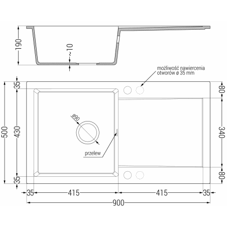 Leo Kjøkkenvask 1 Kum Med Avrenning 900 x 500 mm, Svart, Vannlås Krom - 6501901010-77