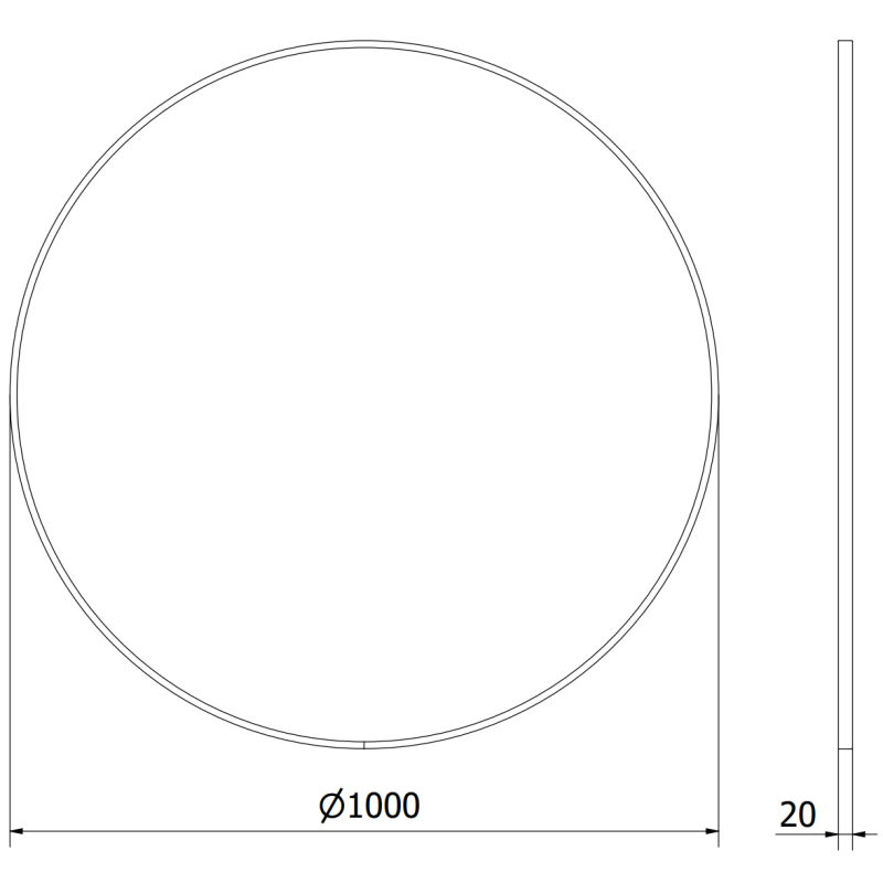 Baderomsspeil rund 100 cm teknisk tegning med diameter og tykkelse markert, front- og sidevisning.