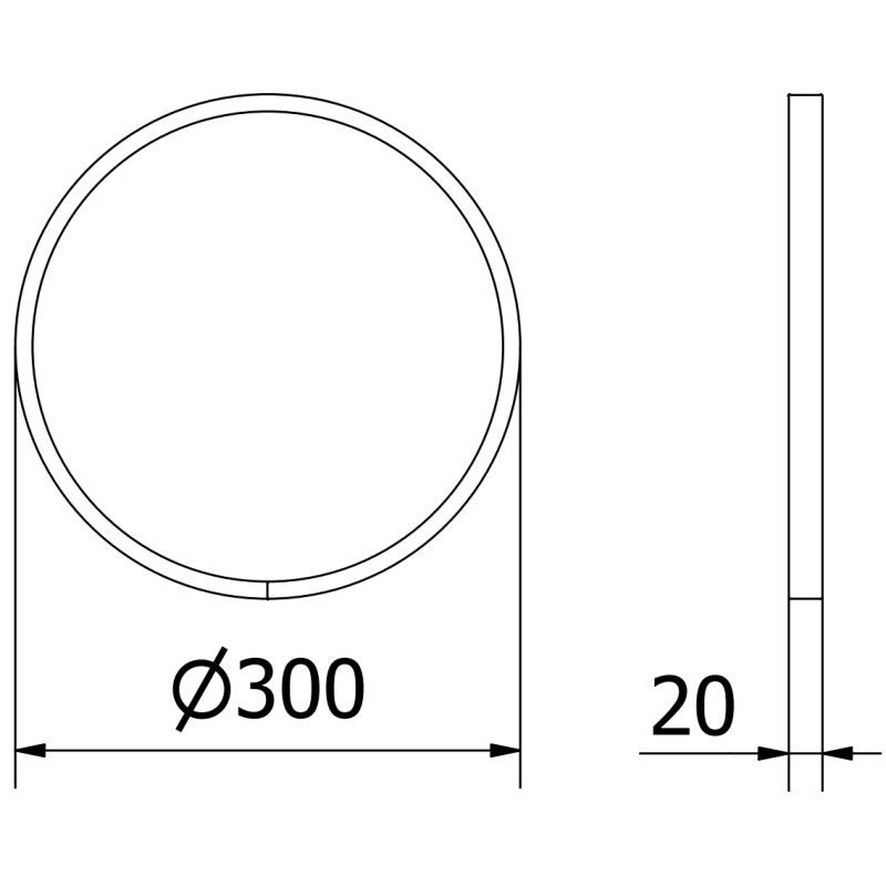 Baderomsspeil teknisk tegning av rundt speil 30x30 cm med hvit ramme, vist forfra og fra siden.
