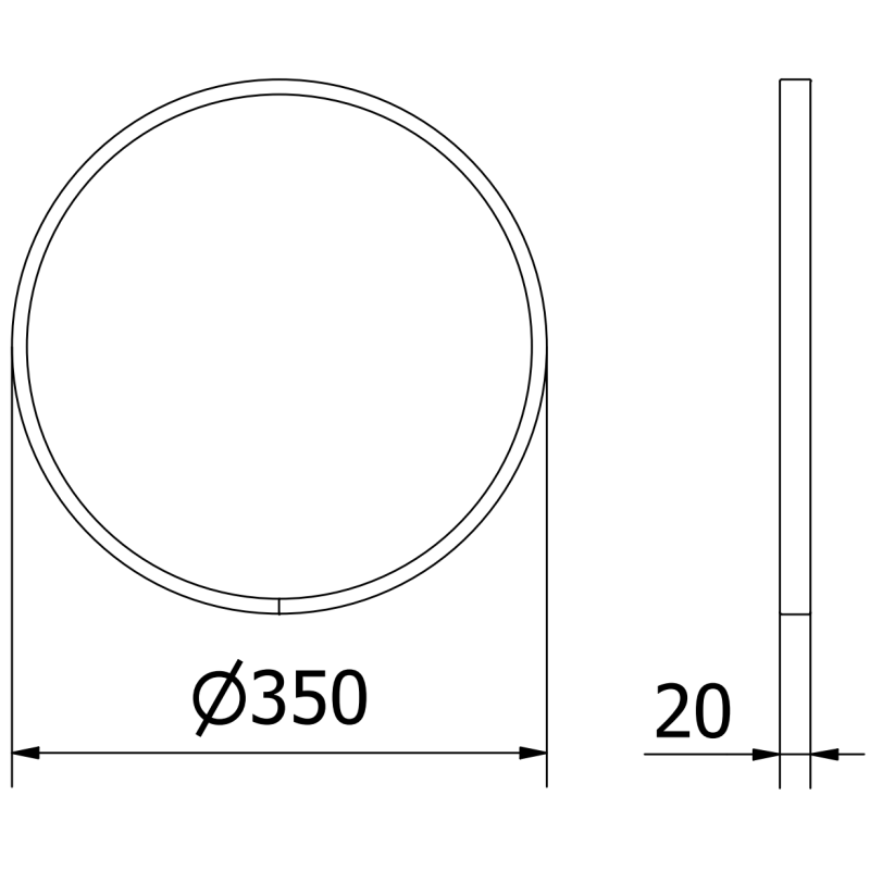 Baderomsspeil teknisk tegning av rundt speil 35 cm med gullramme, vist forfra og fra siden.