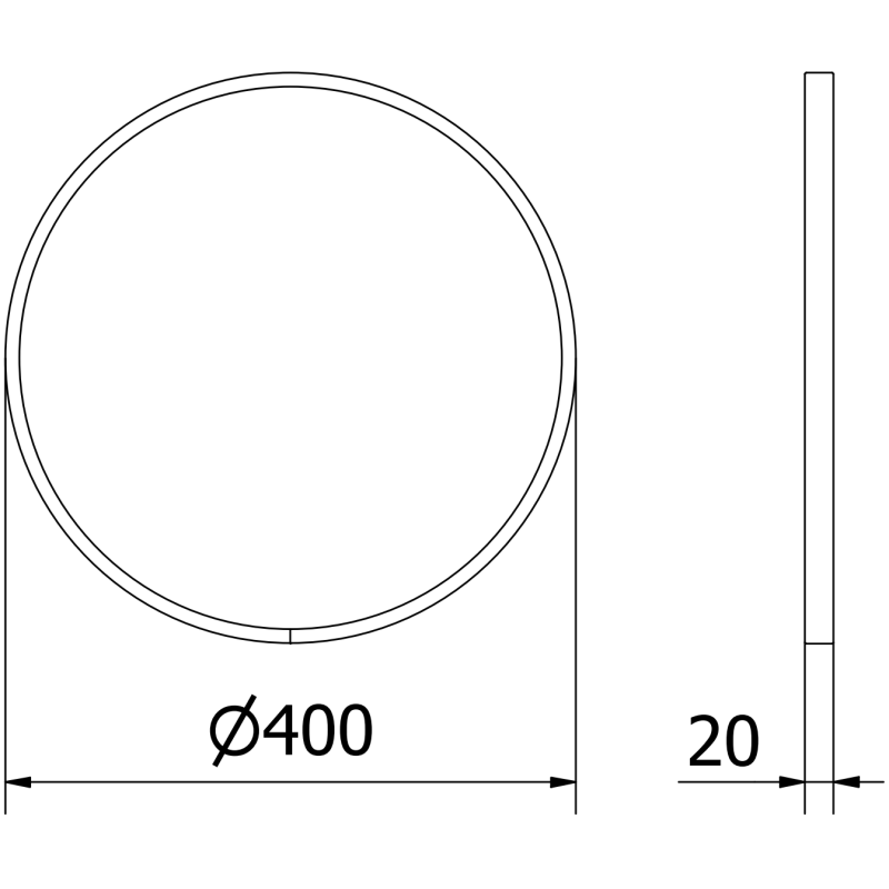 Baderomsspeil teknisk tegning av rund speilplate 40 cm diameter og 20 mm tykkelse, sett forfra og fra siden.