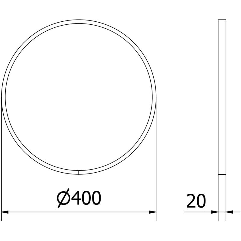 Baderomsspeil rund 40x40 cm teknisk tegning med mål og inox-ramme, sett forfra og fra siden.
