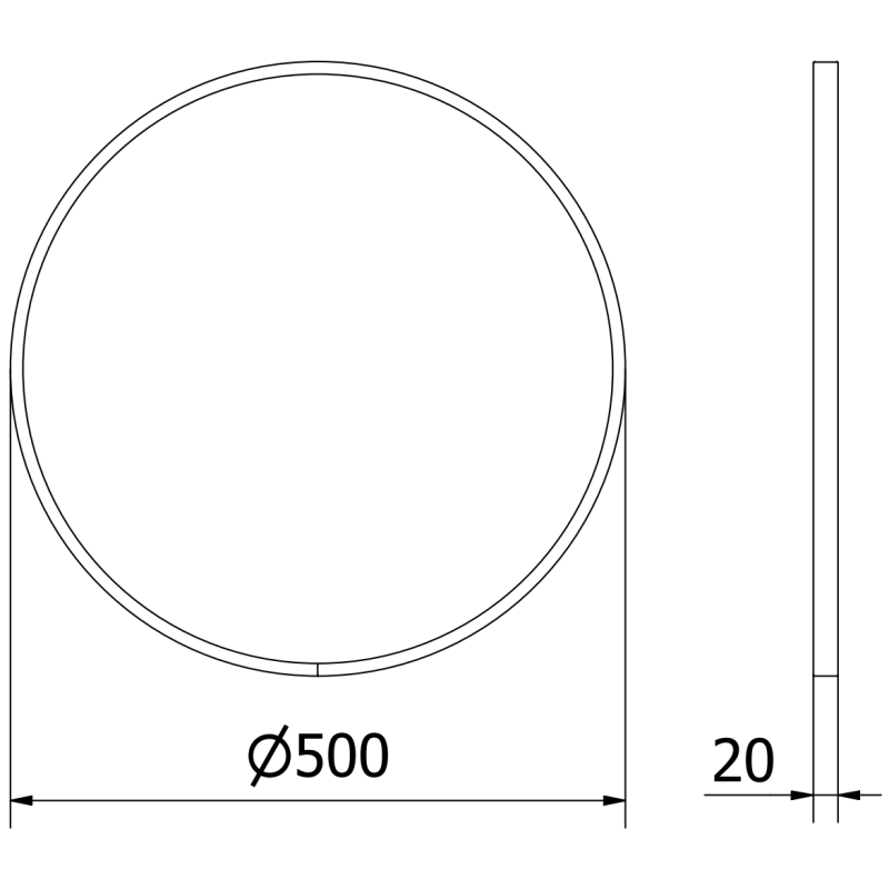 Baderomsspeil teknisk tegning av rundt speil 50 x 50 cm med inox-ramme vist forfra og fra siden.