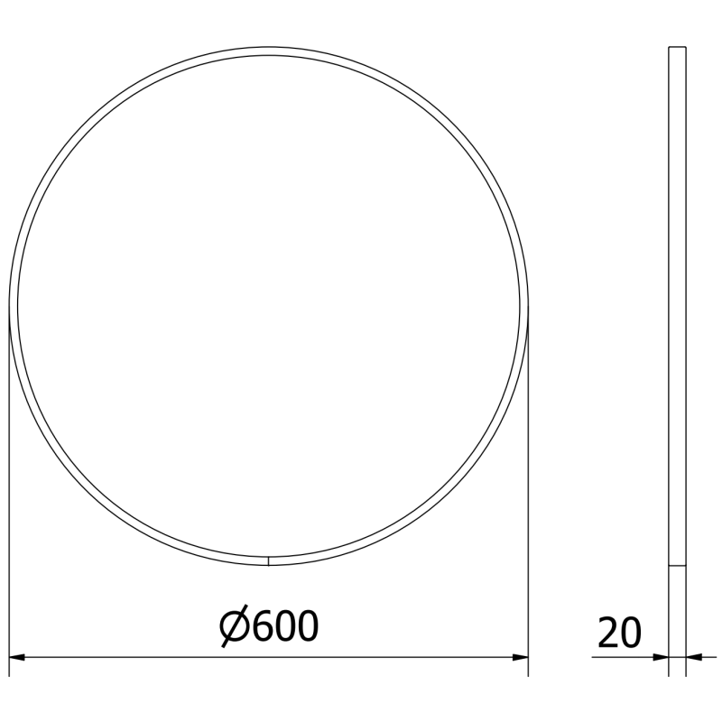 Baderomsspeil rund 60 x 60 cm med hvit aluminiumsramme, teknisk tegning forfra og fra siden.