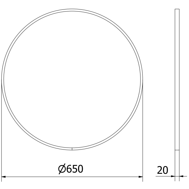 Baderomsspeil Mexen Loft rund 65 cm teknisk tegning med mål, front- og sidevisning, svart ramme.