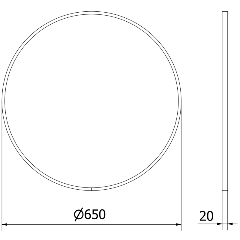 Baderomsspeil rund 65 cm teknisk strekillustrasjon med mål, vist forfra og fra siden.