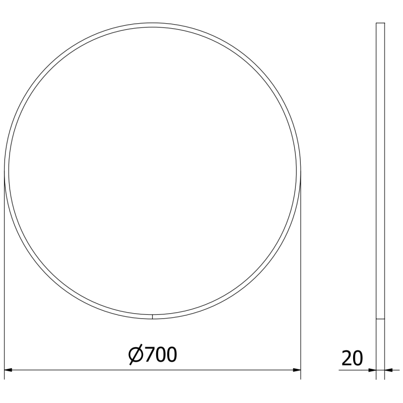 Baderomsspeil rund 70 cm Mexen Loft teknisk tegning med mål på diameter og tykkelse.