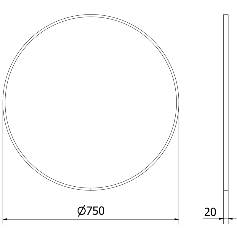 Baderomsspeil rund 75 x 75 cm Mexen Loft, teknisk tegning med mål og sideprofil.