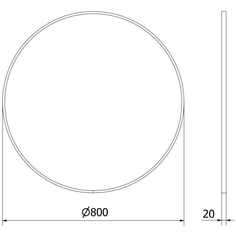 Baderomsspeil rund teknisk tegning med mål, diameter 800 mm og tykkelse 20 mm, sett forfra og fra siden.
