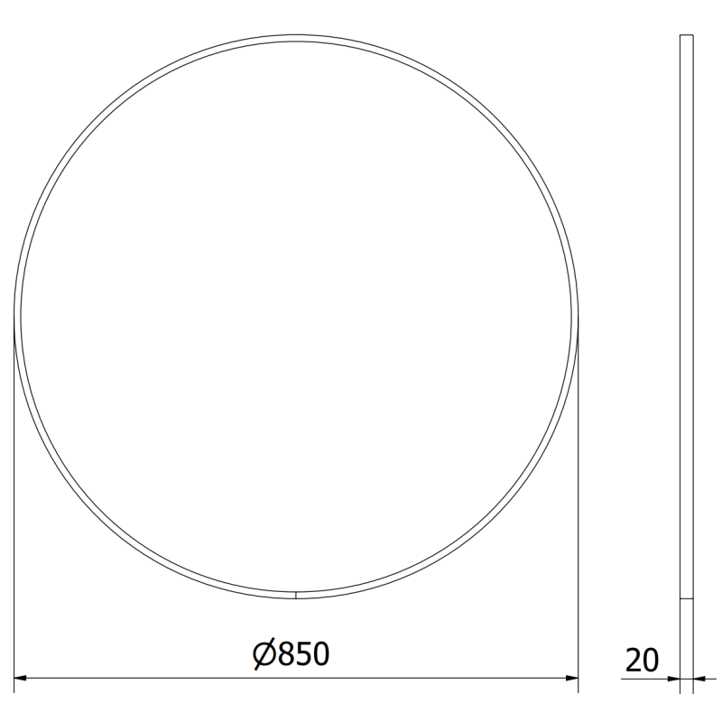 Baderomsspeil rund teknisk illustrasjon med mål 85 cm diameter og 2 cm tykkelse, sett forfra og fra siden.