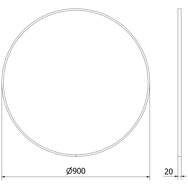 Baderomsspeil teknisk tegning av rundt speil 90 x 90 cm med hvit ramme, front- og sidevisning.