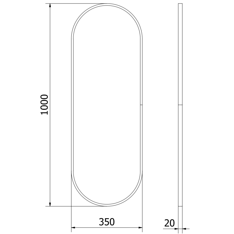 Baderomsspeil teknisk tegning av ovalt speil 100 x 35 cm med svart aluminiumsramme, mål vises.