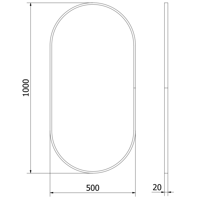 Baderomsspeil Mexen Loft ovalt 100x50 cm, teknisk tegning med mål vist forfra og fra siden.