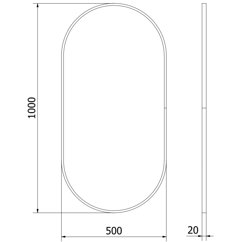 Baderomsspeil teknisk tegning av ovalt speil 100 x 50 cm med gullramme og mål fra Mexen Loft.