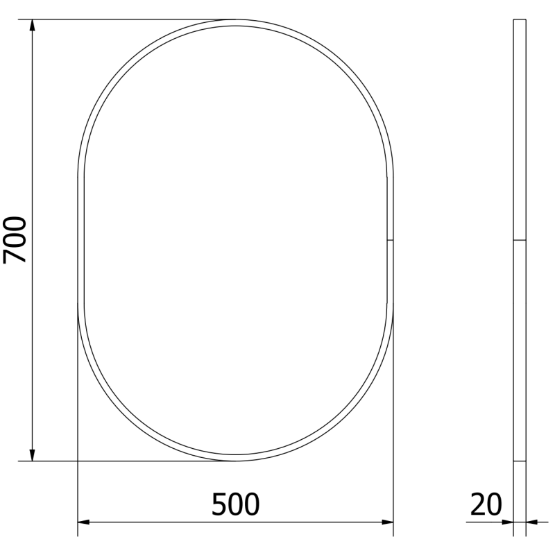 Baderomsspeil teknisk strekillustrasjon av ovalt speil 70x50 cm med svart ramme og målmarkeringer.