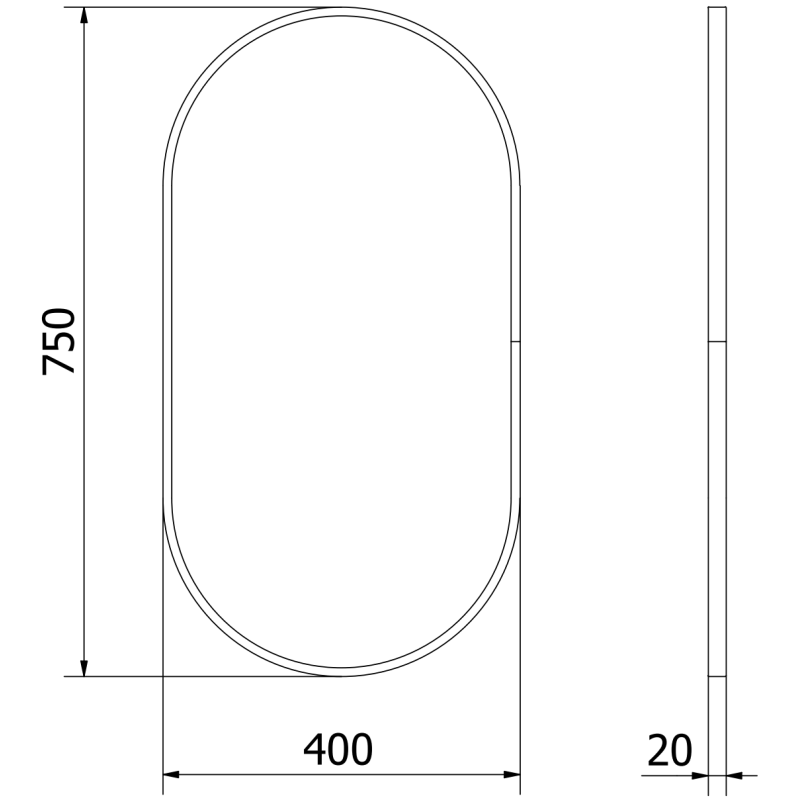 Baderomsspeil teknisk strekillustrasjon av ovalt speil 75 x 40 cm med svart aluminiumsramme og mål.