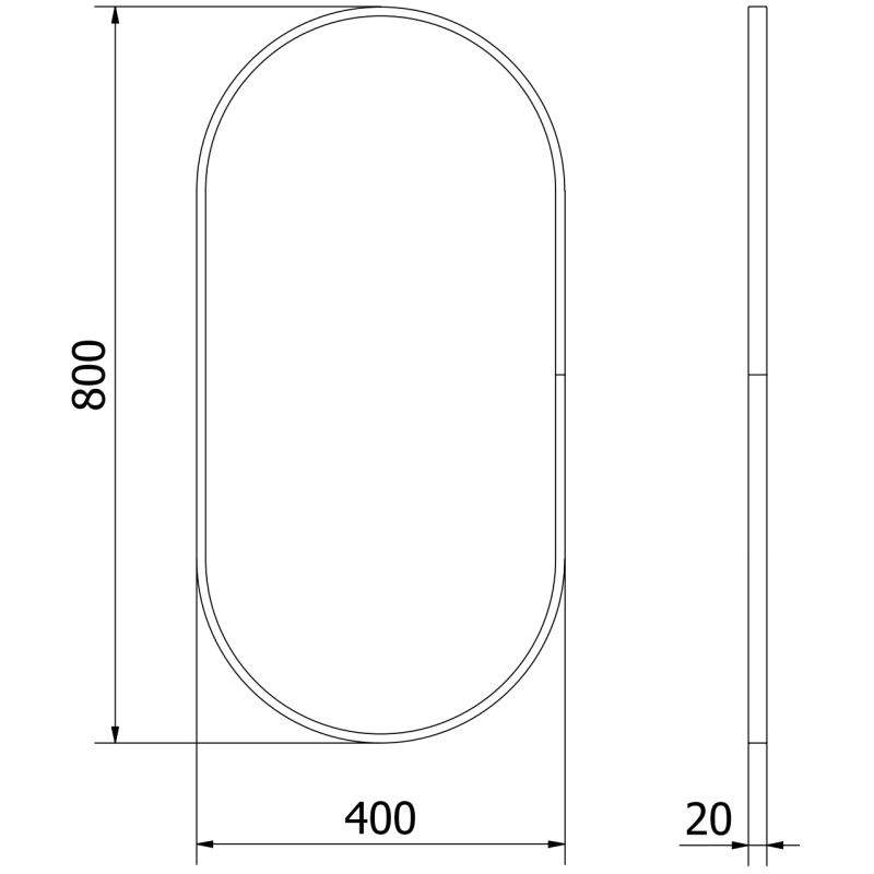 Baderomsspeil 80 x 40 cm ovalt med svart ramme, teknisk tegning med mål vist forfra og fra siden.