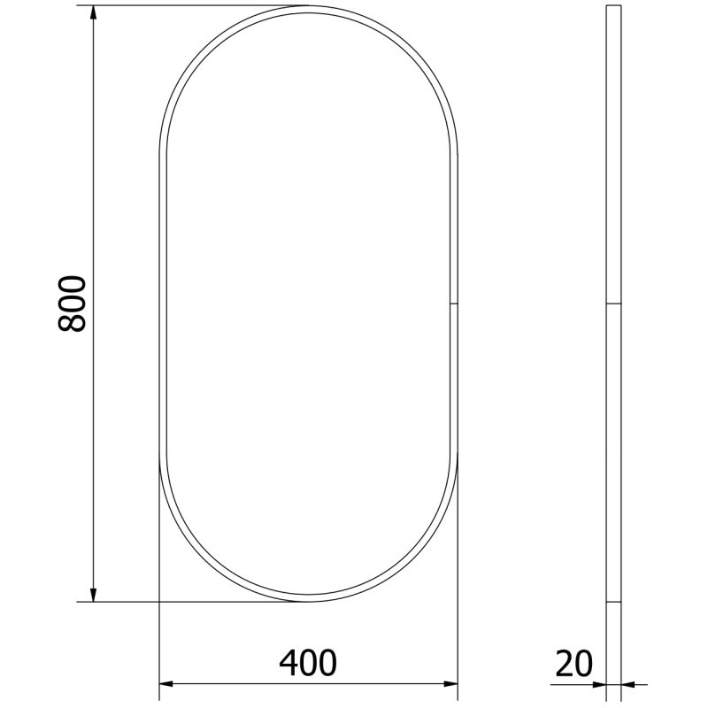 Baderomsspeil teknisk strekillustrasjon av ovalt speil 80 x 40 cm med gullramme, mål og sidevisning.