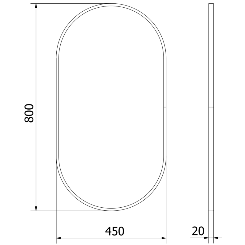 Baderomsspeil teknisk tegning av ovalt speil 80x45 cm med svart aluminiumsramme, vist forfra og fra siden.