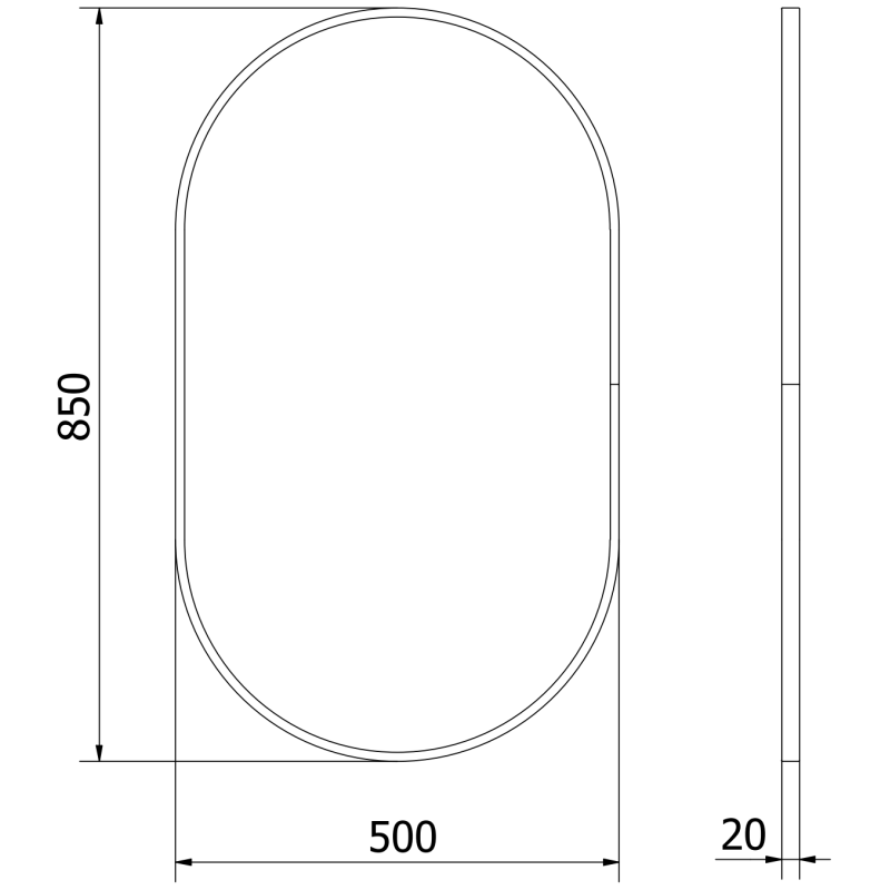 Baderomsspeil teknisk tegning av ovalt speil 85x50 cm med svart ramme og målmarkeringer.