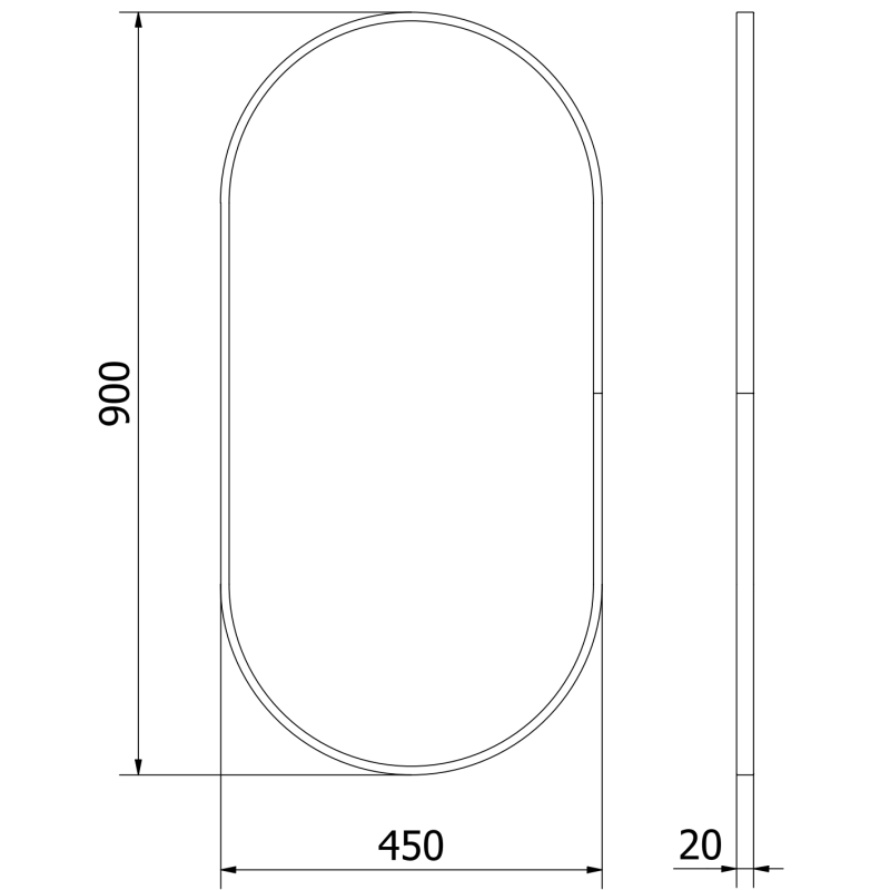 Baderomsspeil teknisk strekillustrasjon av ovalt speil 90 x 45 cm med svart ramme og mål.