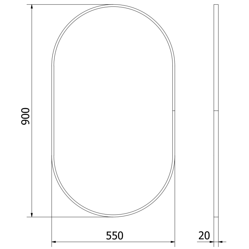 Baderomsspeil teknisk tegning av ovalt speil 90x55 cm med svart aluminiumsramme og mål.