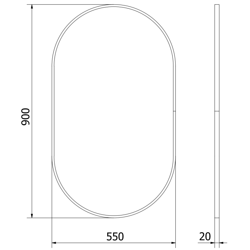Speil bad teknisk strekillustrasjon av ovalt baderomsspeil 90x55 cm med mål og gullramme.