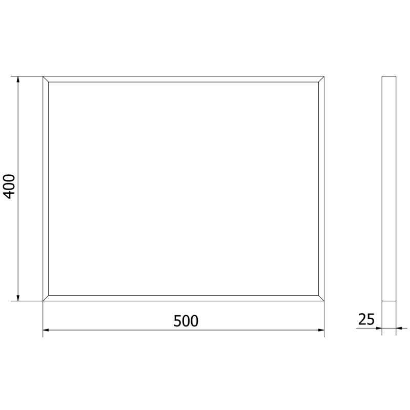 Baderomsspeil teknisk tegning av Mexen Loft 50 x 40 cm med svart ramme og målvisning forfra og fra siden.