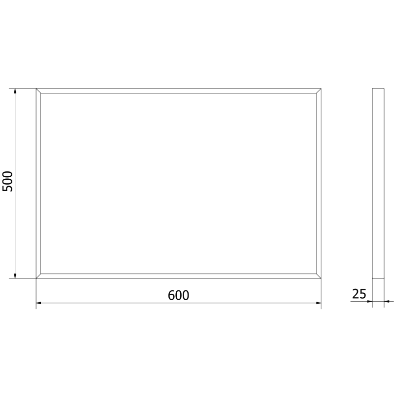 Baderomsspeil teknisk strekillustrasjon av rektangulært speil 60 x 40 cm med svart ramme og mål.