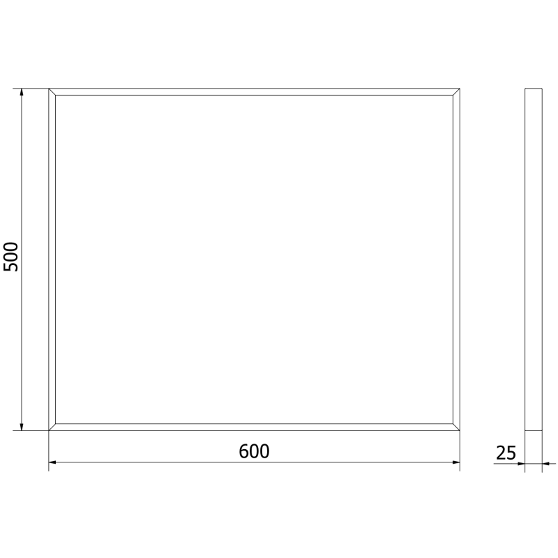 Baderomsspeil teknisk tegning av Mexen Loft 60 x 50 cm rektangulært speil med mål og gullramme.