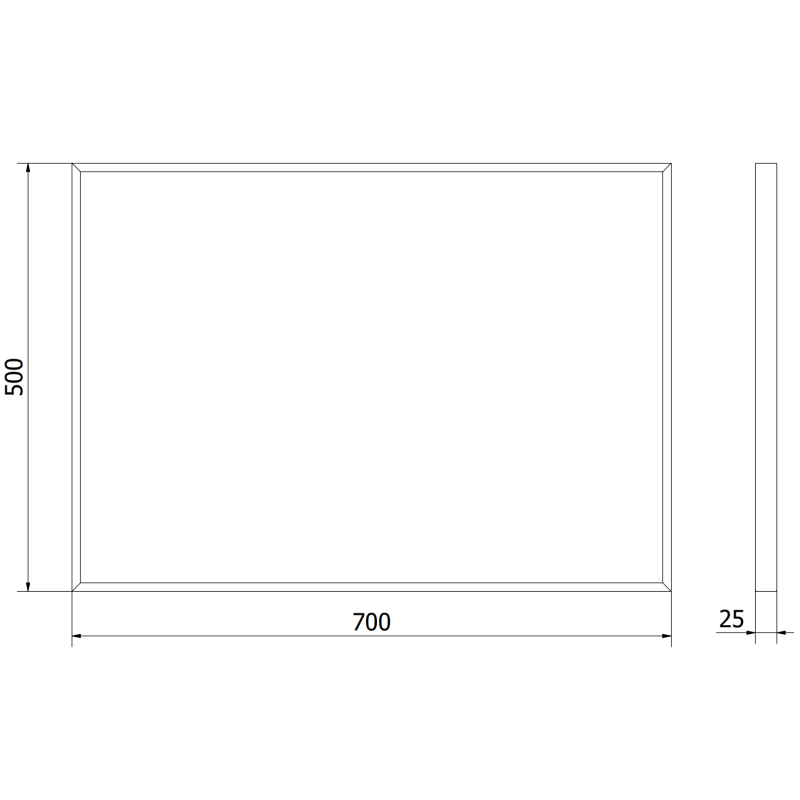 Baderomsspeil teknisk strekillustrasjon av rektangulært speil 70 x 50 cm med svart ramme, forfra og fra siden.