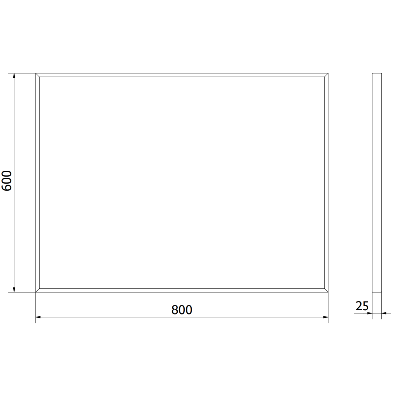 Baderomsspeil Mexen Loft 80 x 60 cm teknisk tegning med mål og sideprofil tydelig markert.