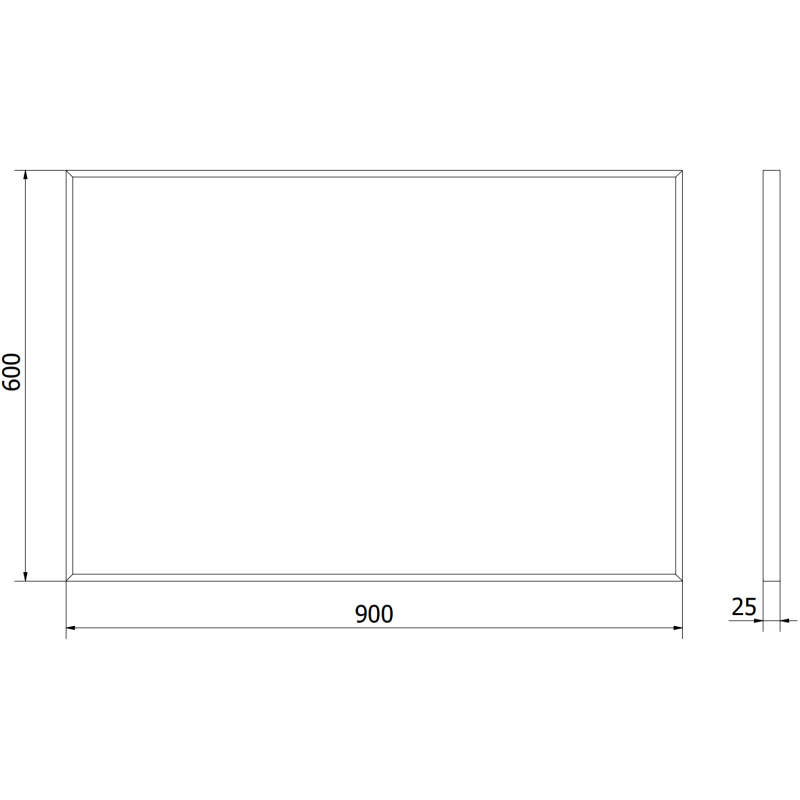 Baderomsspeil 90 x 60 cm rektangulært med svart ramme, teknisk tegning med mål.