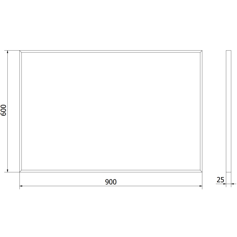 Baderomsspeil teknisk tegning av rektangulært speil 90 x 60 cm med gullramme, viser mål og dybde.
