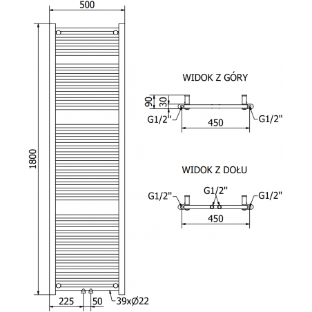 Håndkletørker Mars 1800 x 500 mm, 900 W, Sort, Premium